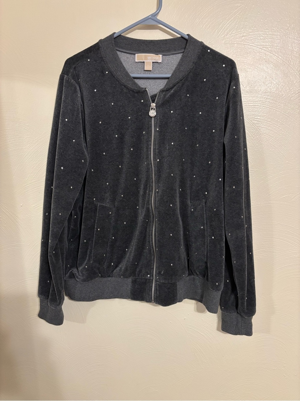 Michael Kors XL Rhinestone Velour Zip Up Jacket Gray